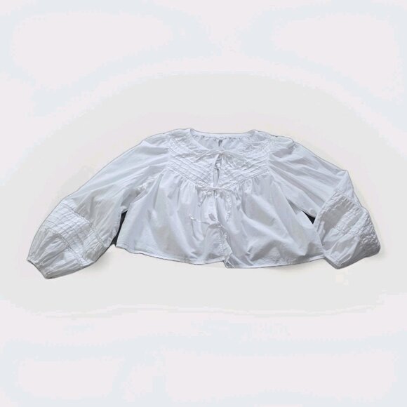 Aerie Peasant Blouse Womens L White Long Puff Sleeves 3 Ties Front Cotton Boho - Picture 8 of 16